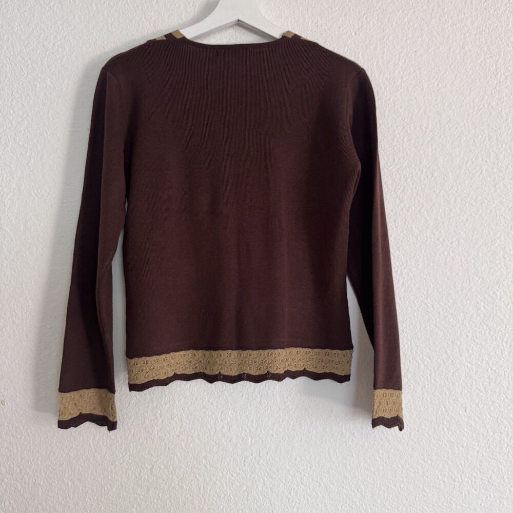New Womens Brown Beige Wool Blend Knit V-Neck Long-Sleeve Sweater Embodied - Picture 4 of 11